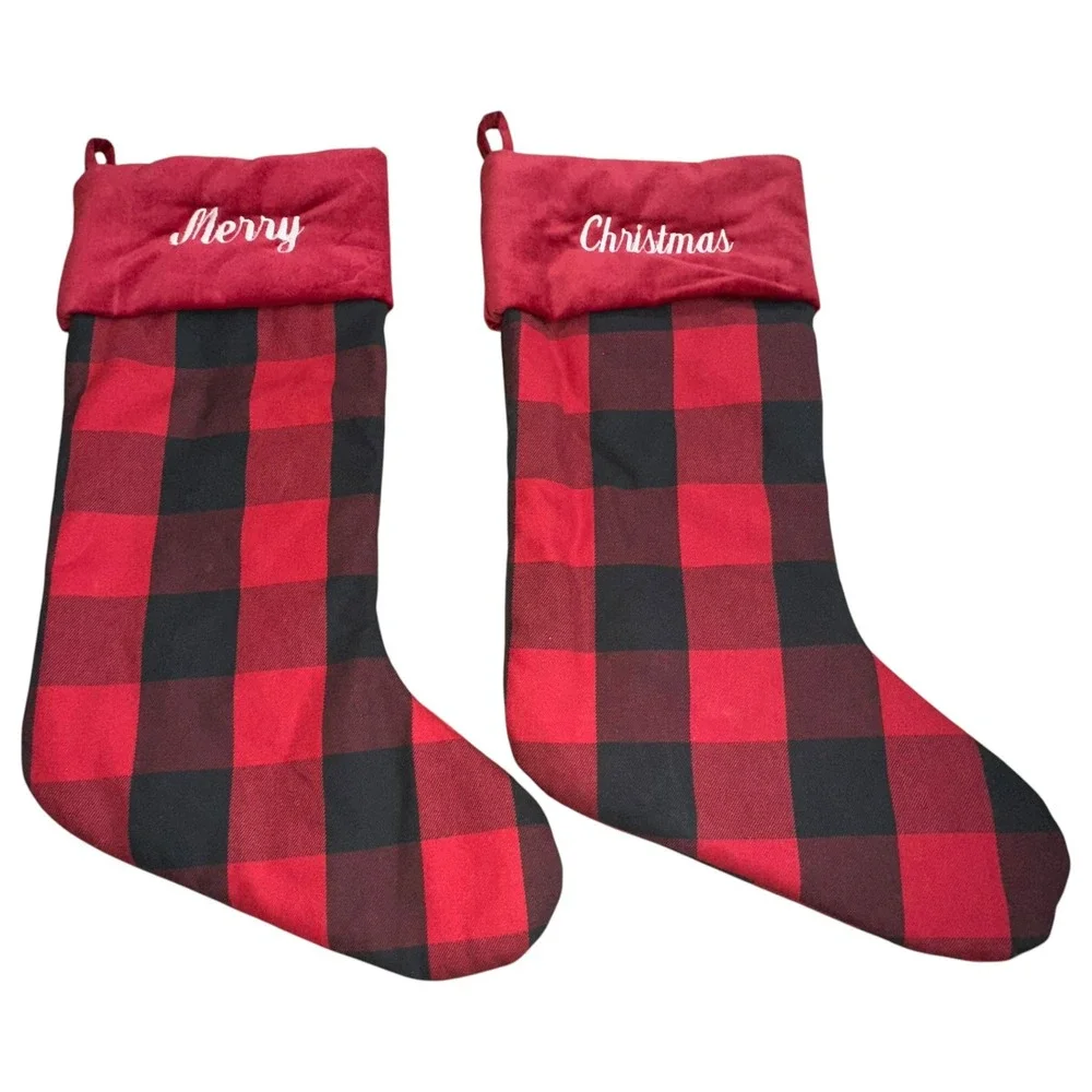 2-Embroidered Pottery Barn Red Black Buffalo Check Plaid‎ Christmas Stocking